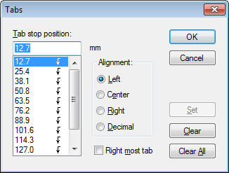 Tab stop dialog